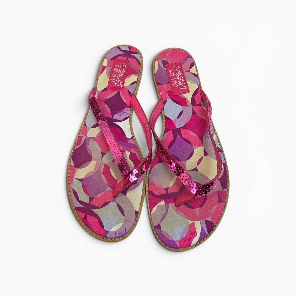 Coach Margo Sequin Kaleidoscope Pink Flip Flop Sandals Q603 Womens 8M